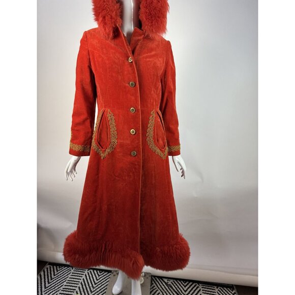 Vintage 70s Red Velvet Penny Lane Coat W/ Gold Embroidery & faux Fur Trim Hood - Picture 8 of 16